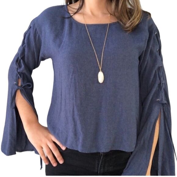 Cloth & Stone Lace Sleeve Chambray Blouse XS Blue - Picture 1 of 9